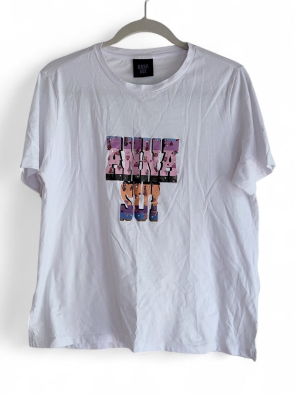 Anna Sui Graphic Letter Rhinestone Embellished White Tee Shirt
